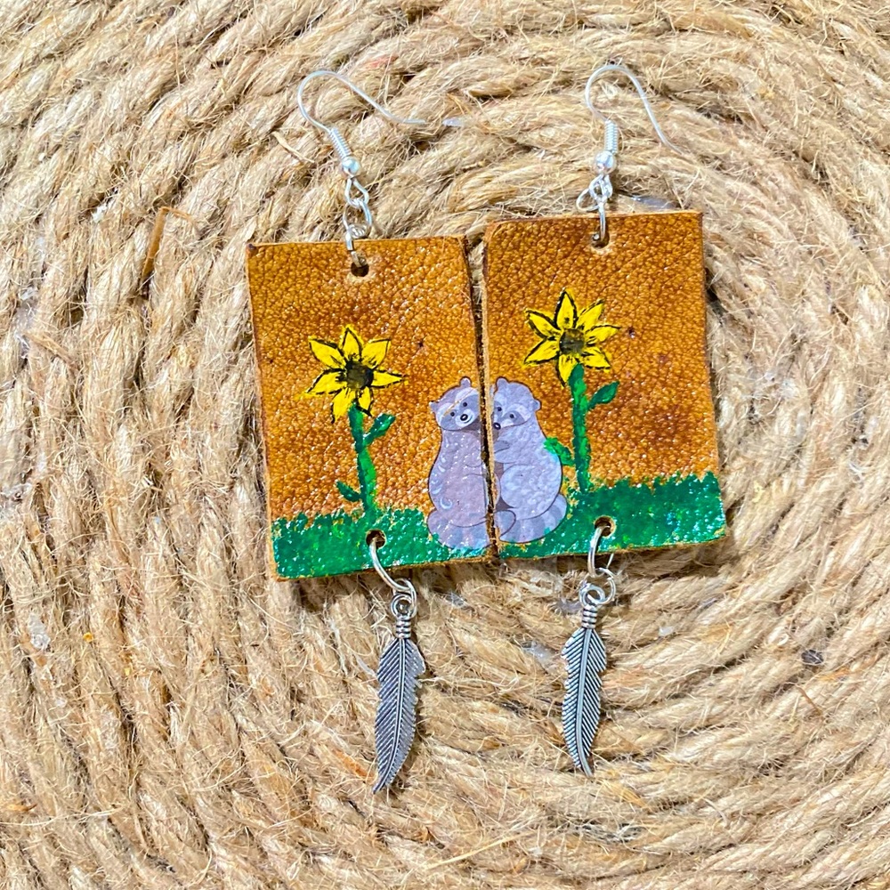 Young Love Hand painted earrings sunflowers, raccoons, and feather leather